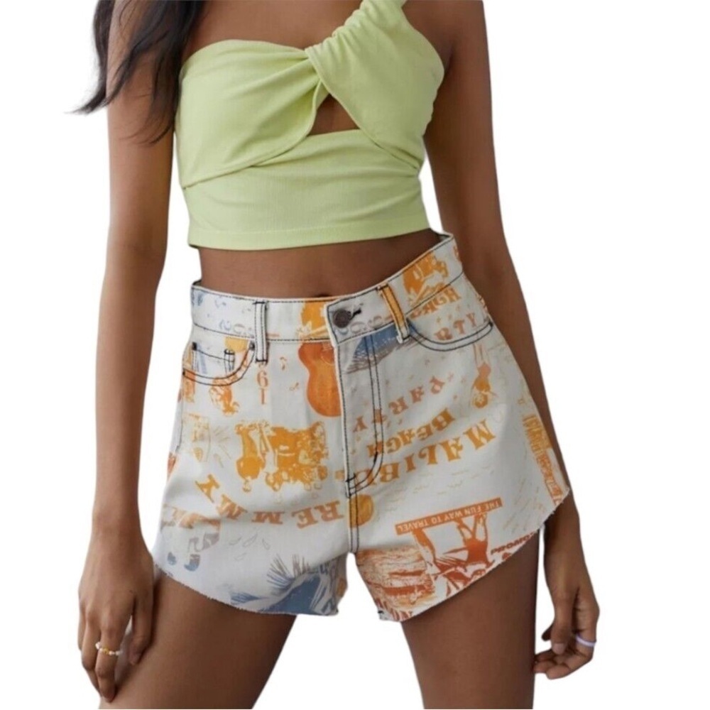 BDG Urban Outfitters Size 25 Orange Blue Pitched Waist Shorts Retro Print New